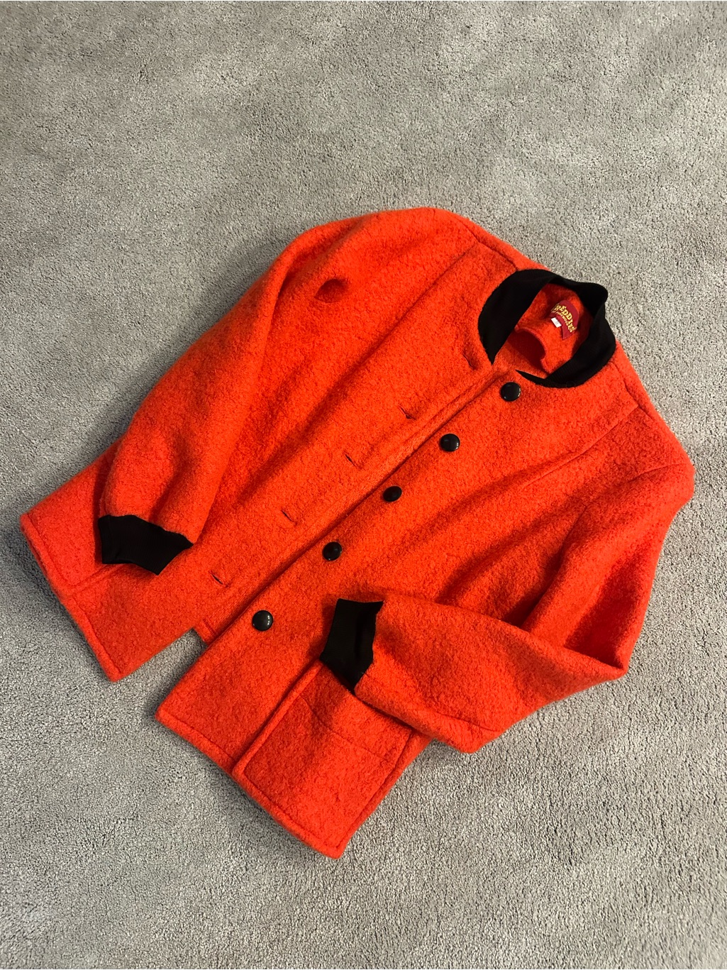 Women's Orange Boucl Button-Up Coat With Black Trim, Car Coat